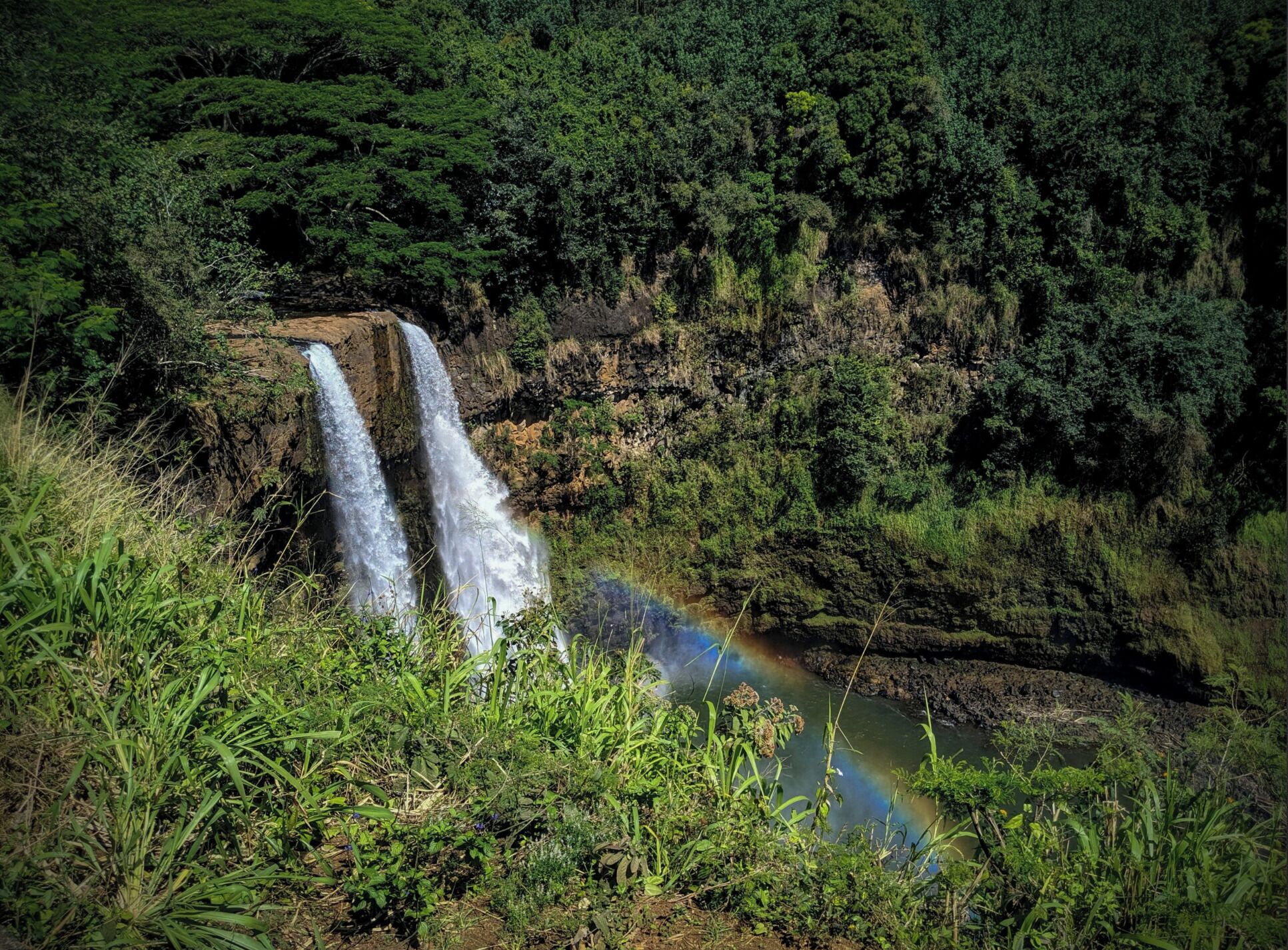 A waterfall cascading down a rocky cliff surrounded by dense forest.