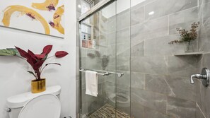 Hair dryer, towels, soap, toilet paper