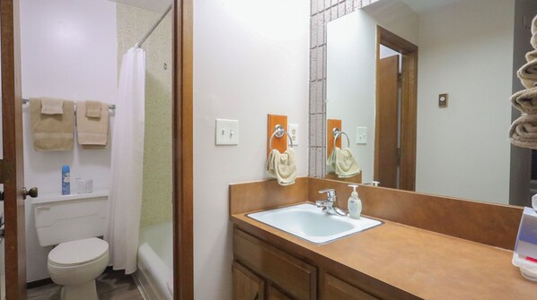 Secadora de cabello, toallas, jabón, papel de baño 