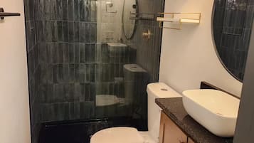 Hair dryer, towels, soap, toilet paper