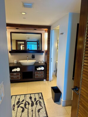 Hair dryer, towels, soap, shampoo