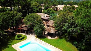 Una villa con piscina, rodeada de exuberante vegetación y árboles.