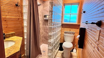 Hair dryer, towels, soap, toilet paper