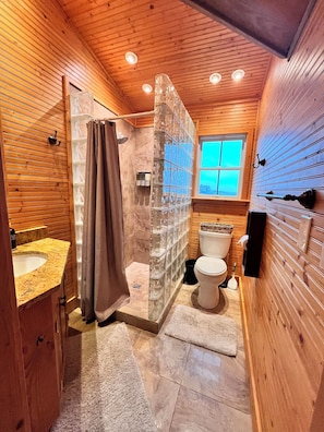 Hair dryer, towels, soap, toilet paper