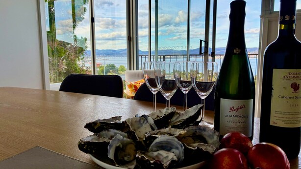 Une table dressée avec des huîtres, des verres à vin et des bouteilles, offrant une vue panoramique à travers de grandes fenêtres.