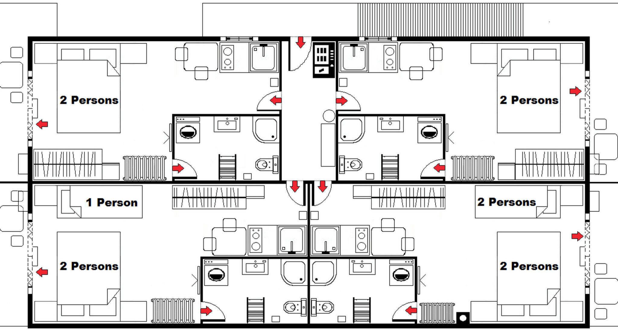 Voici le plan d’un hôtel comprenant quatre chambres, chacune étant indiquée avec le nombre de personnes qu’elle peut accueillir. Il y a deux chambres pour deux personnes et deux chambres pour une personne. Le plan comprend un couloir central avec des portes donnant accès à chaque chambre.