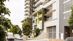 Een modern hoog gebouw met meerdere balkons, een vlakke gevel en een straatbeeld met geparkeerde auto’s en groen.