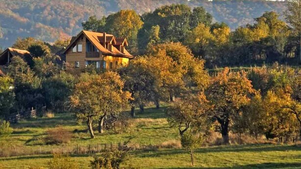 Une maison avec un toit en pente, entourée d’arbres et située dans un paysage vallonné.