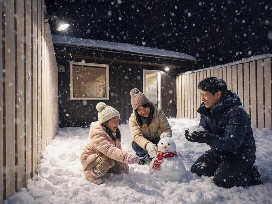 A family building a snowman in a snowy outdoor area with a wooden structure in the background.