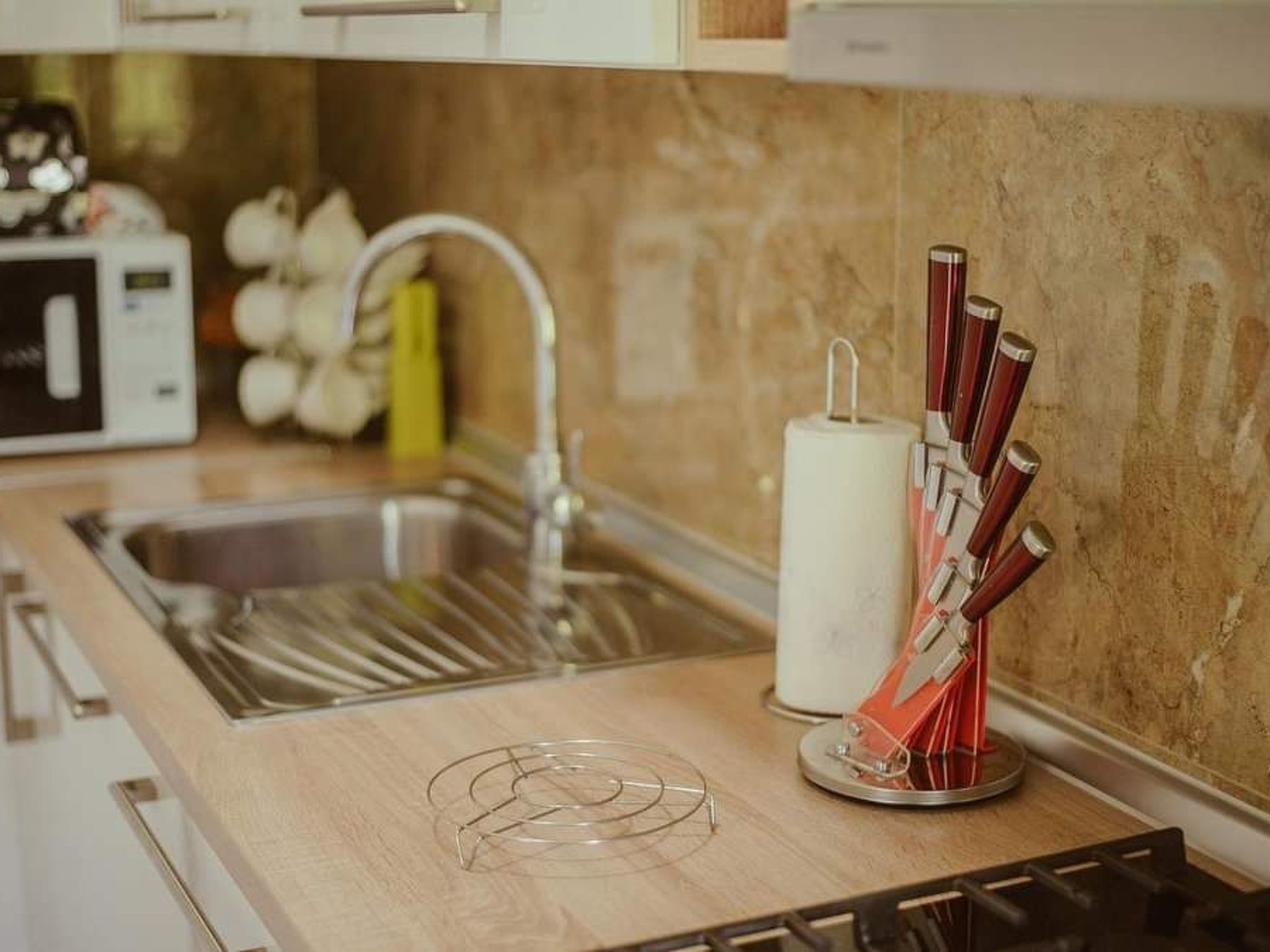 Un comptoir de cuisine avec un évier, un four à micro-ondes et un rouleau d’essuie-tout.