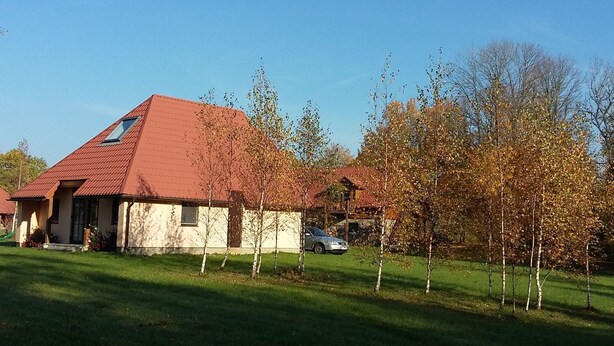 A house with a red roof, a small porch, and a car parked in front. - Fuchsbau in Waldnähe by Interhome (Kuldiga)