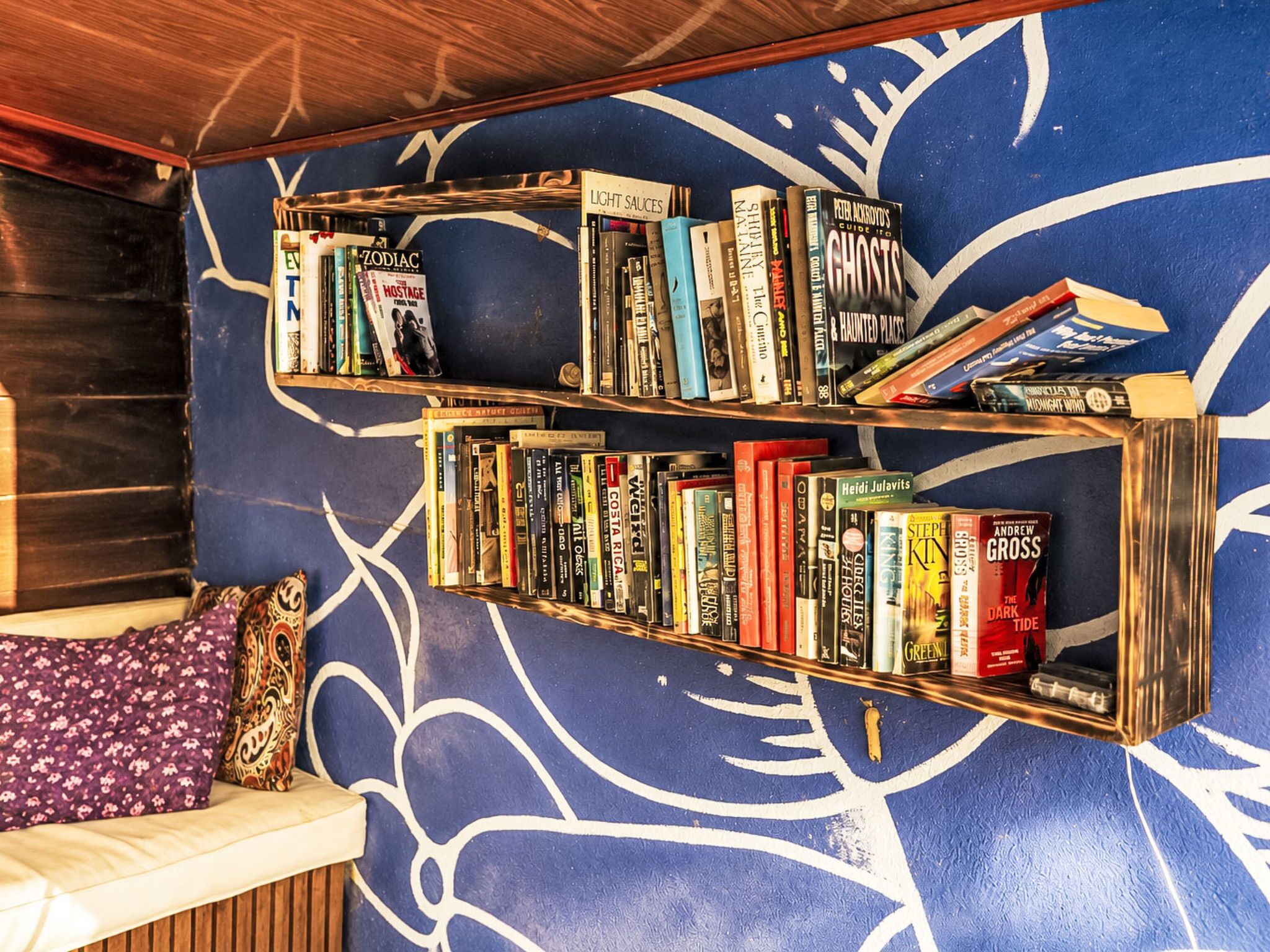 Uma estante com livros e um detalhe decorativo na parede.