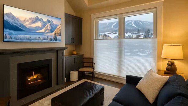 Un salon avec une cheminée, un canapé, un fauteuil et une grande fenêtre donnant sur les montagnes.