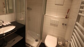 Un baño moderno con ducha envuelta en vidrio, un lavamanos blanco y un inodoro.