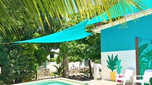 Une piscine surmontée d’un auvent bleu, entourée d’une végétation luxuriante et de chaises longues blanches.