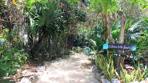 Un sentier sur le thème de la jungle, avec un panneau indiquant les sections 1 à 6 et 7 à 10.