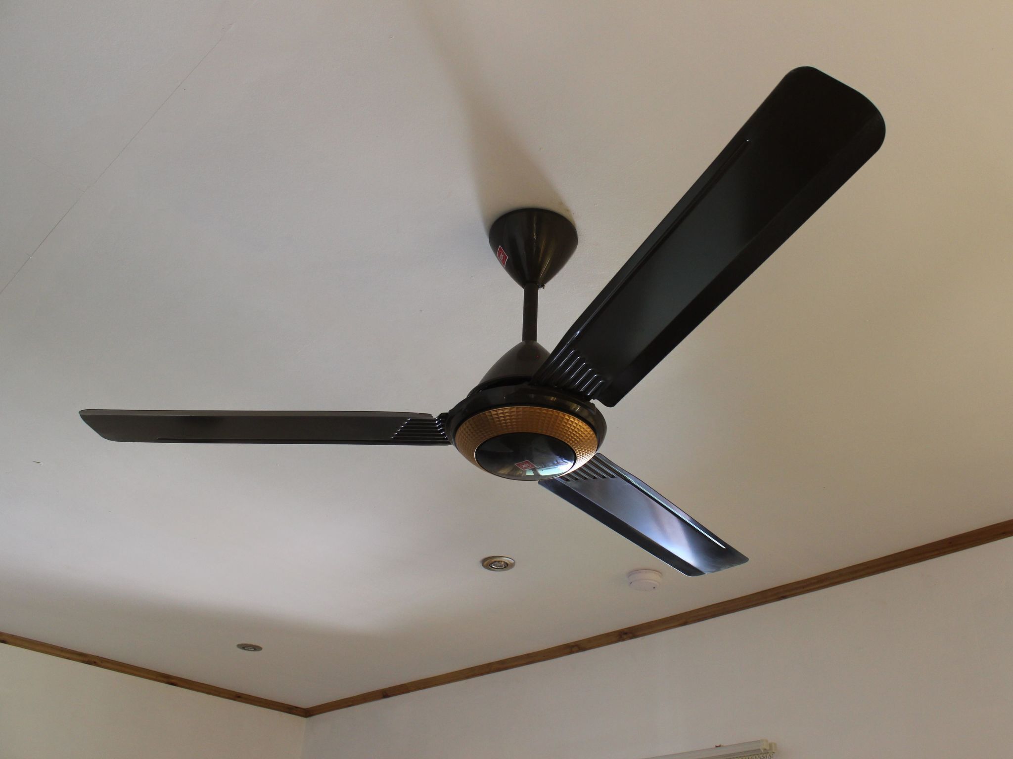 A ceiling fan with three blades and a central light fixture in a room with white walls and wooden beams.