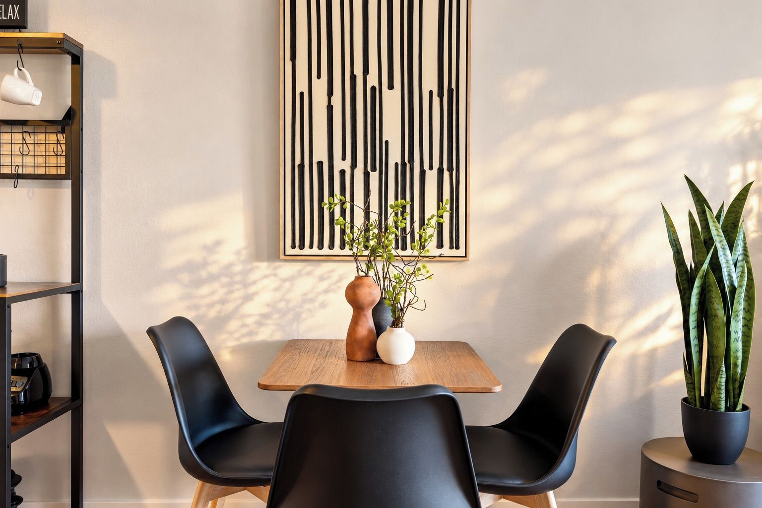 Un espace repas moderne avec une table en bois, des chaises noires, un vase contenant des plantes vertes et une œuvre d’art verticale en noir et blanc accrochée au mur.