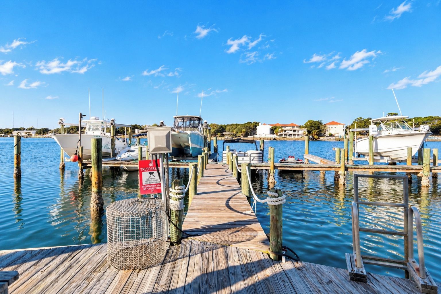 A wooden dock with boats moored at the marina, a no trespassing sign, and a clear blue sky.
