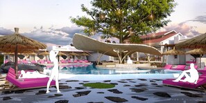 Una piscina al aire libre, cabañas de piscina gratuitas, sombrillas