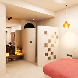 Habitación Deluxe doble, vistas a la piscina | Baño | Ducha, artículos de higiene personal gratuitos y secador de pelo