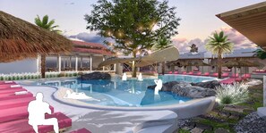 Una piscina al aire libre, cabañas de piscina gratuitas, sombrillas