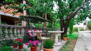 Ein Garten mit Schaukel, Bank und Blumentöpfen.