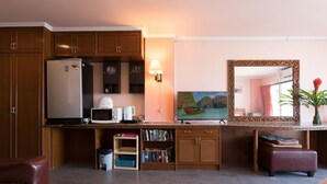 Un espace de vie compact comprenant un coin cuisine, un téléviseur à écran plat, un miroir et un petit coin salon.