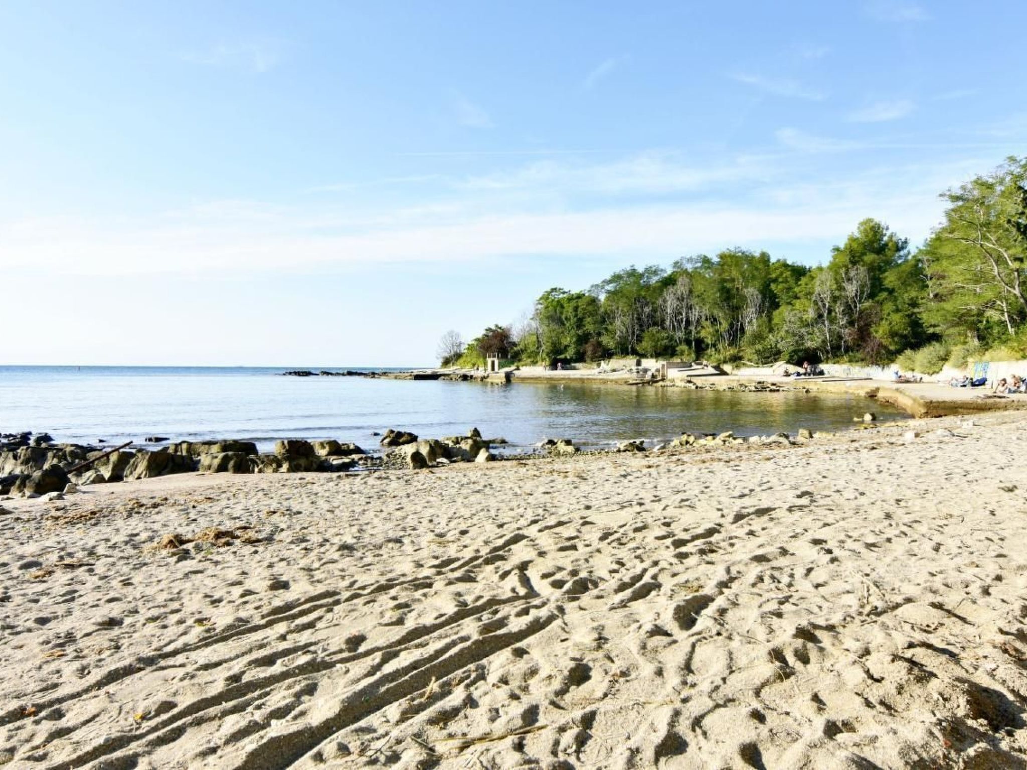 Uma praia arenosa com afloramentos rochosos, mar calmo e uma fileira de árvores ao fundo.