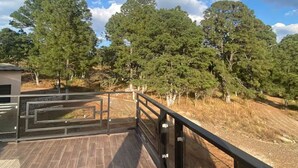 Una terraza de madera con barandillas de vidrio con vistas a una zona boscosa.