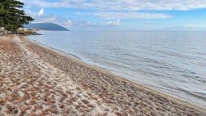A beach with a rocky shoreline, a mountain in the distance, and a partly cloudy sky. - B B Dylan (Otsu)
