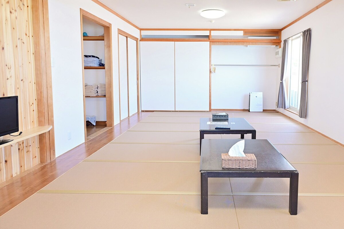 A room with tatami flooring, a television on a shelf, two tables, a wardrobe, and a window with curtains.