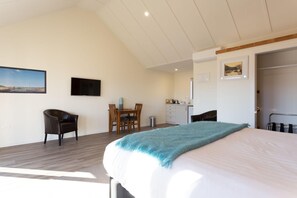 Une chambre comprenant un lit, un bureau, une chaise, un téléviseur et un coin cuisine.