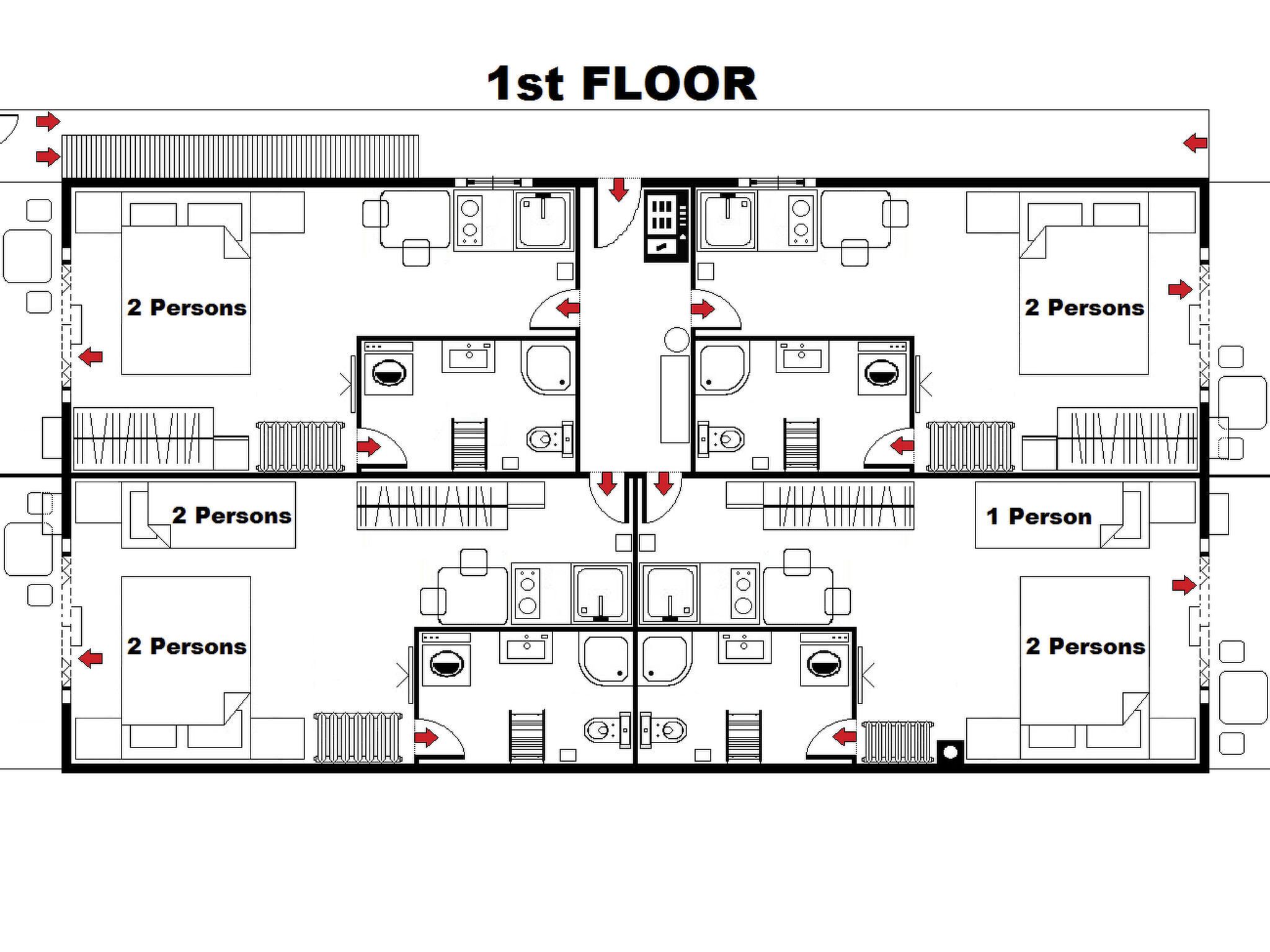 A 1st floor layout with 2-person rooms and a 1-person room, featuring kitchenettes and separate bathrooms.