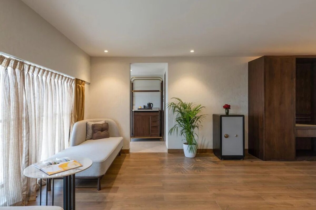 Een moderne woonkamer met een bank, een tafeltje, een potplant, een kast en een kitchenette op de achtergrond.