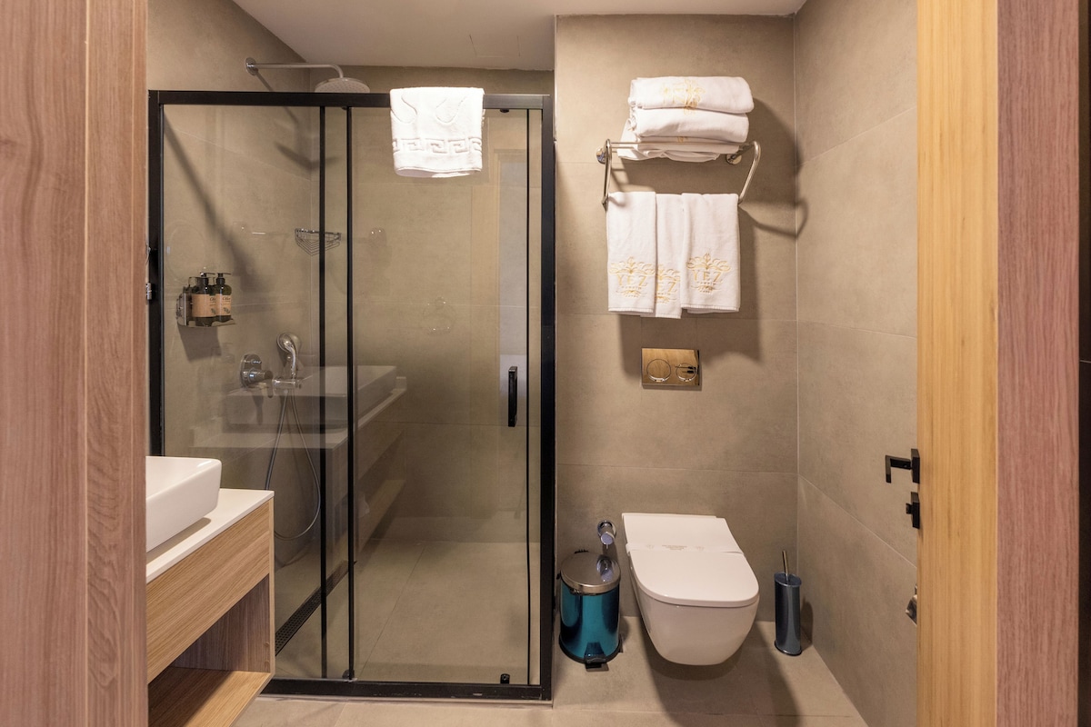 A modern bathroom with a glass-enclosed shower, a white sink, and a toilet.