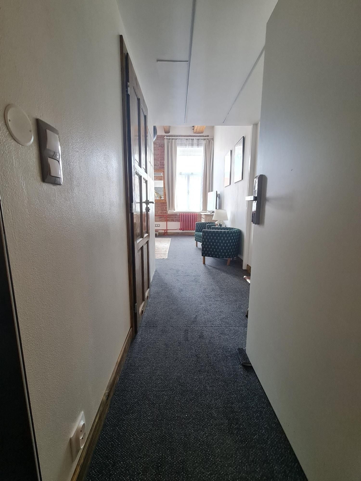 A hallway with a carpeted floor, a door on the left, and a window at the end.