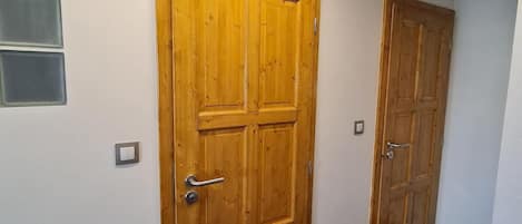 A hallway with two wooden doors, a light switch, and a ceiling light fixture.