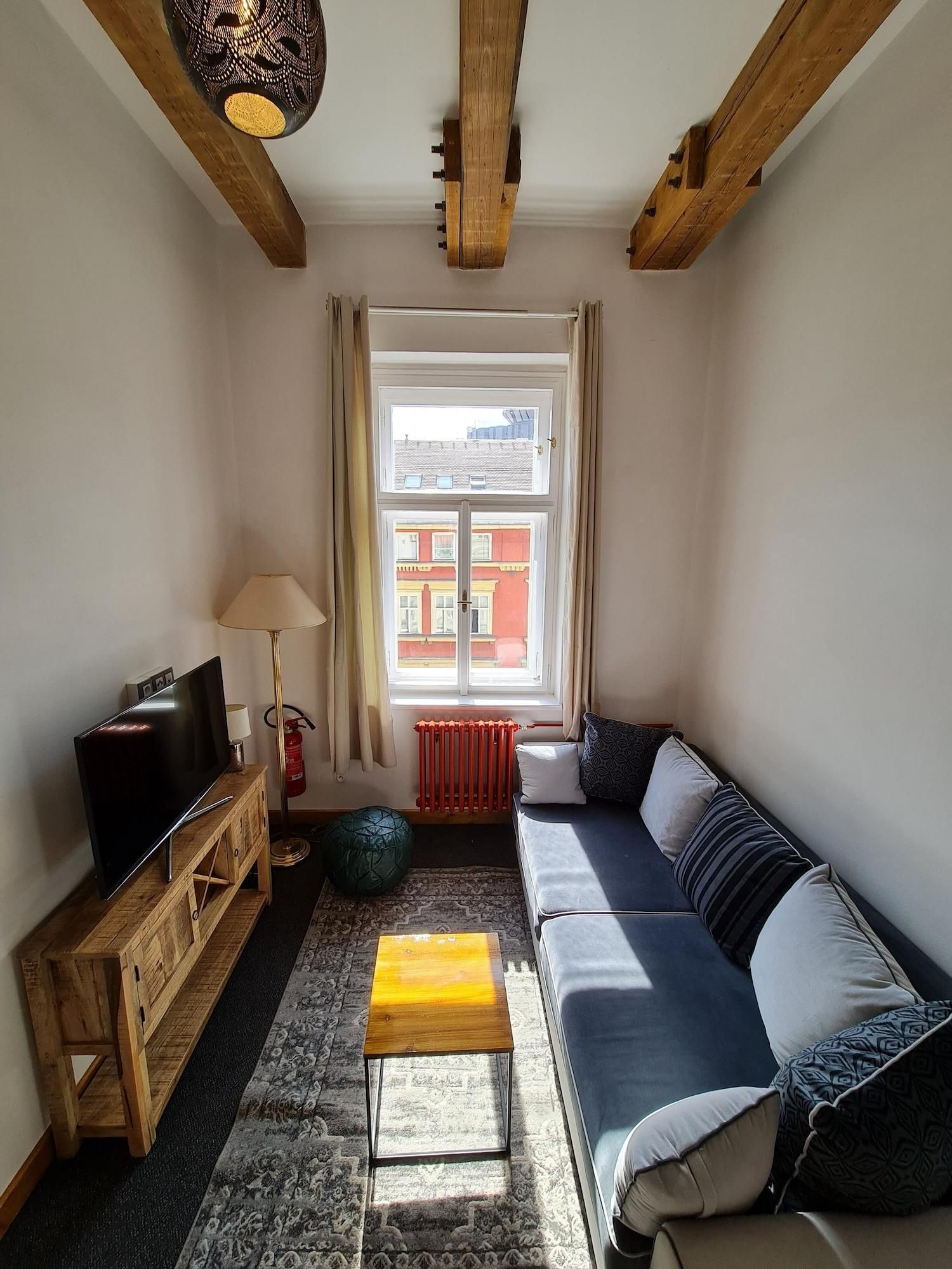 Habitación acogedora con sofá, un mueble bajo de televisión de madera, lámpara y ventana con vistas a edificios.