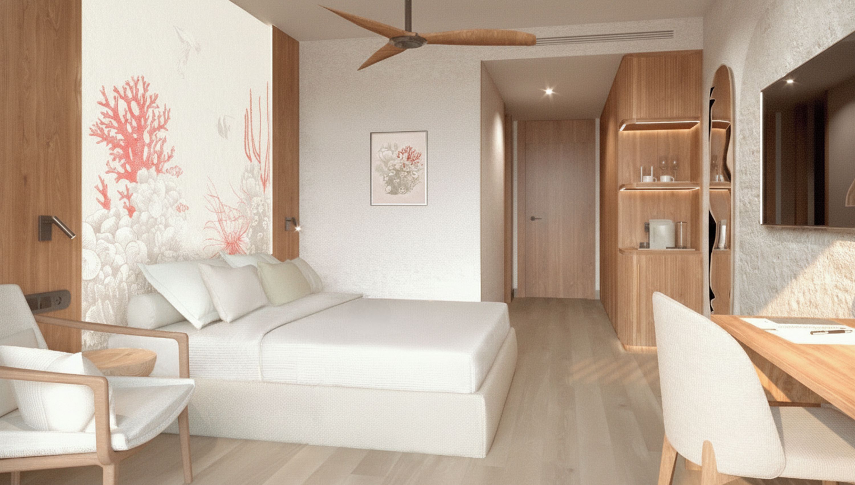 Een moderne slaapkamer met een bed, een bureau, een stoel, een kledingkast en een plafondventilator.