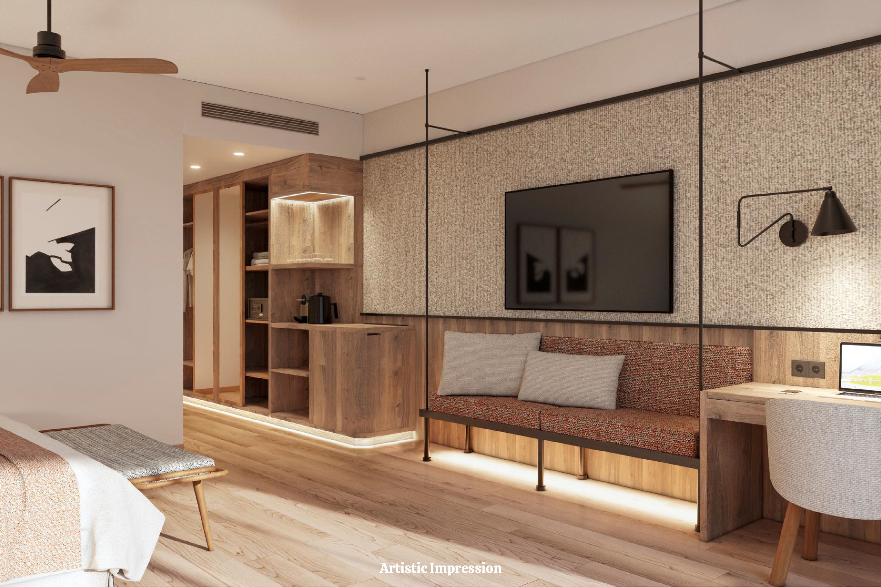 Een moderne woonkamer met een houten bankje, een bank, een bureau en een aan de muur bevestigde televisie.