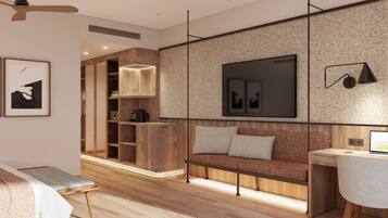 Een moderne woonkamer met een houten bankje, een bank, een bureau en een aan de muur bevestigde televisie.