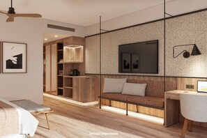 Ein modernes Wohnzimmer mit einer Holzbank, einem Sofa, einem Schreibtisch und einem an der Wand befestigten Fernseher.