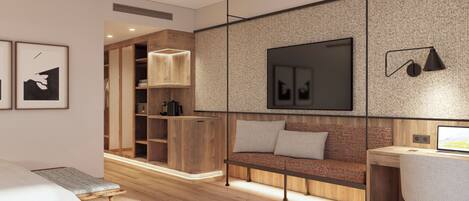Une chambre moderne avec un lit, un bureau, un canapé et un téléviseur.