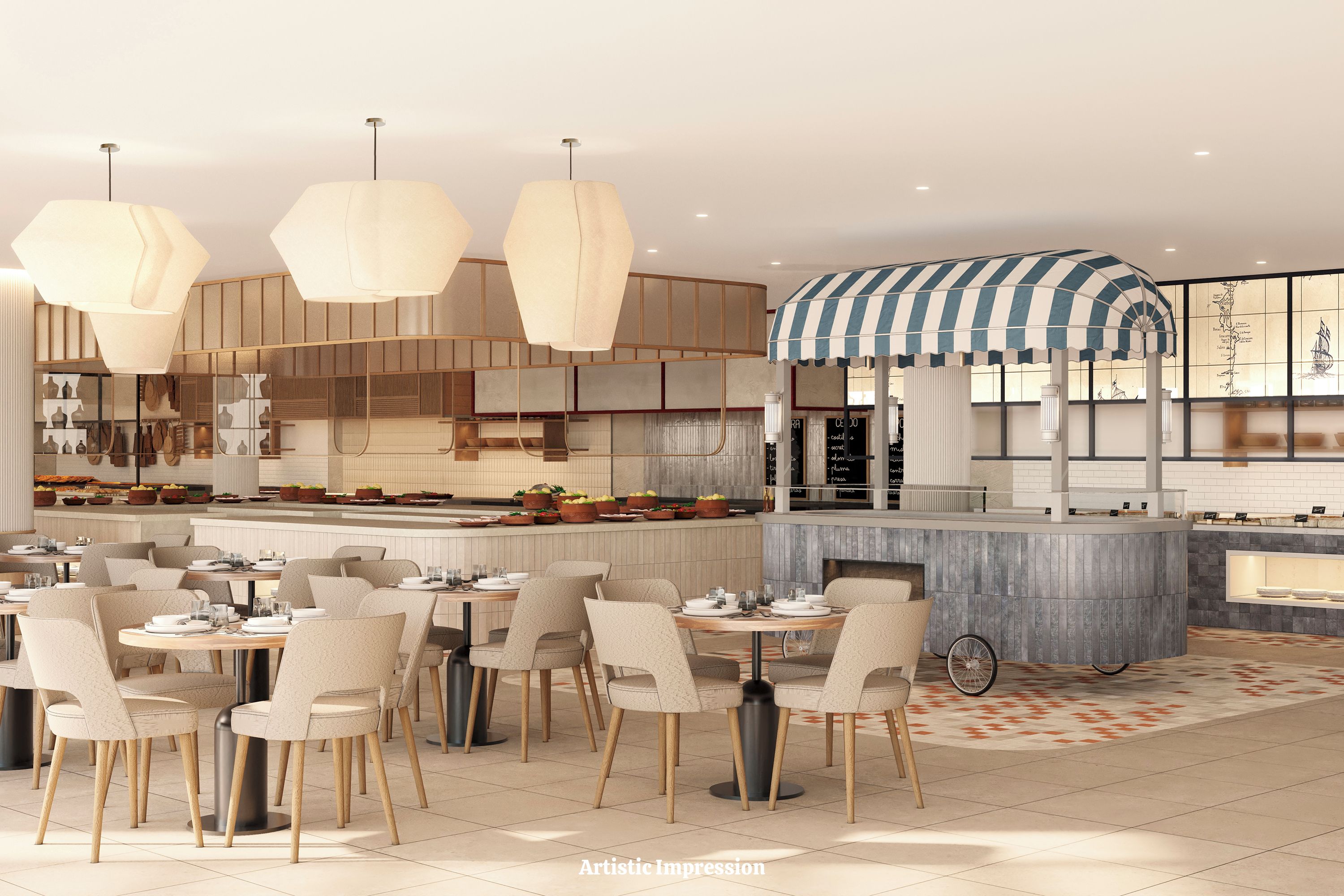 Un restaurant moderne avec des tables rondes, des chaises de couleur beige et des lampes suspendues.