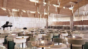 Un espacio interior amplio con varias disposiciones de asientos, incluyendo mesas redondas y sillones acolchados, y un piano de cola al fondo.