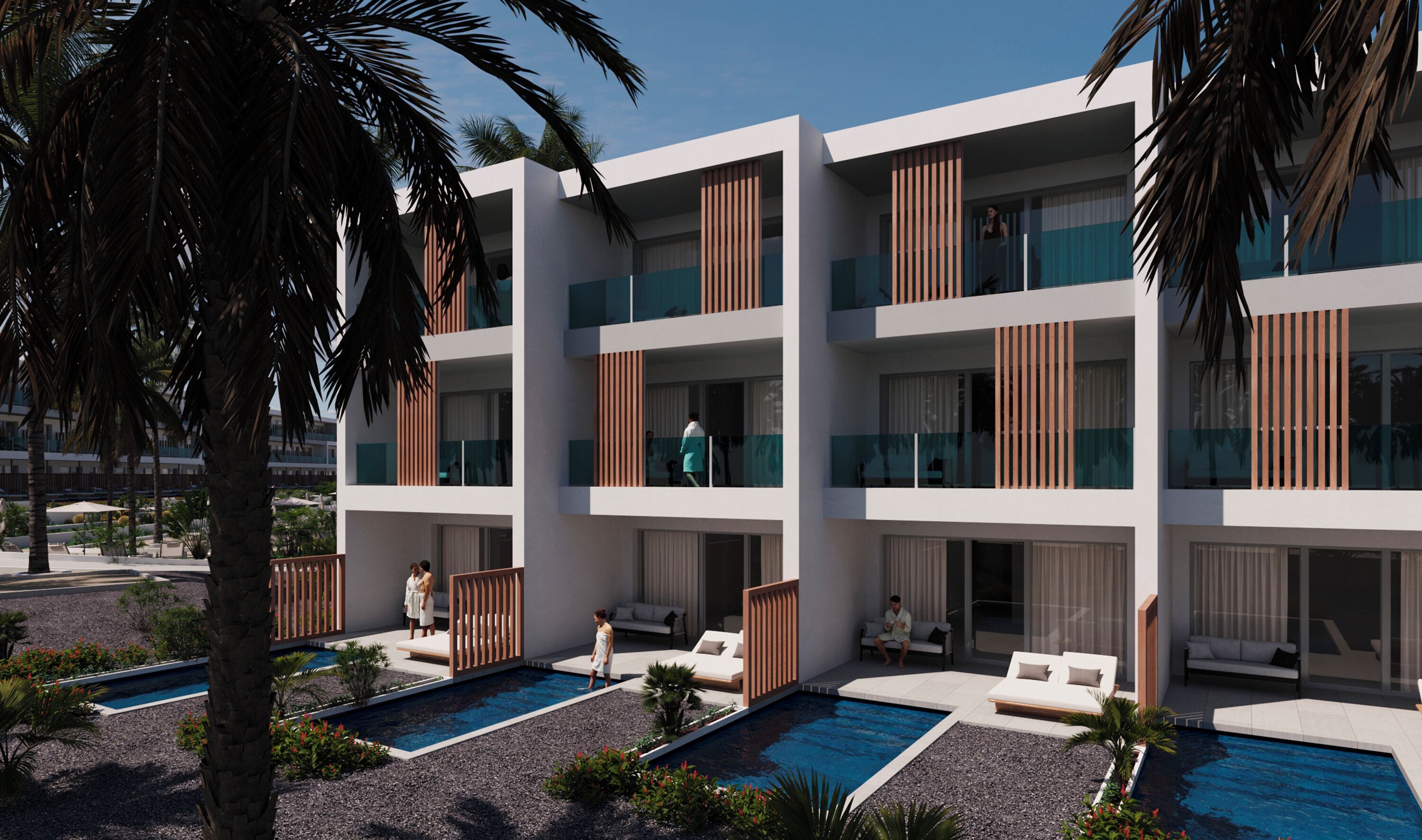 A modern hotel with multiple balconies, a swimming pool, and palm trees.