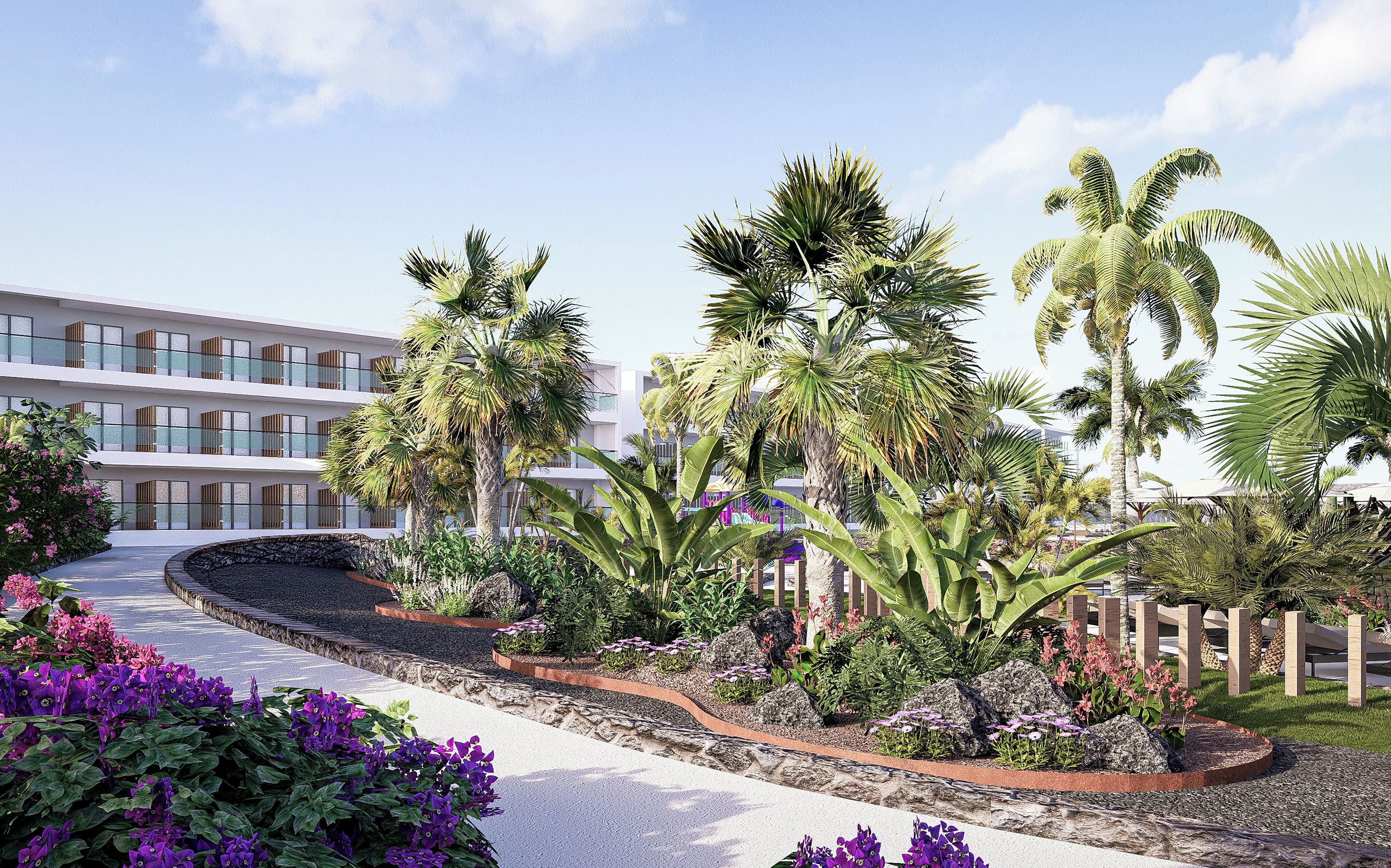 Een modern gebouw met meerdere balkons, omringd door tropisch landschap met palmbomen en paarse bloemen.
