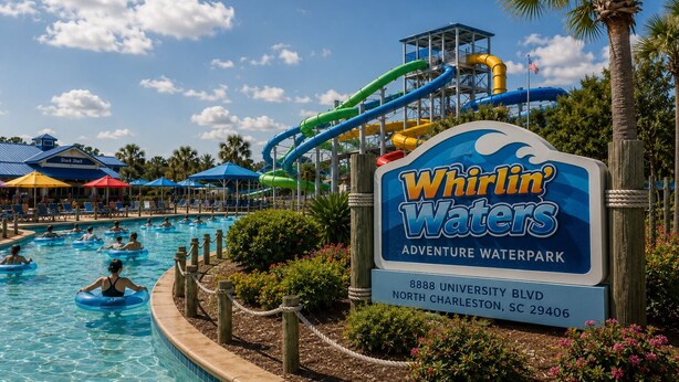 Ein Außenpool mit Wasserrutschen, ein Schild für den Whirlin' Waters Abenteuer-Wasserpark und eine Imbissbude.
