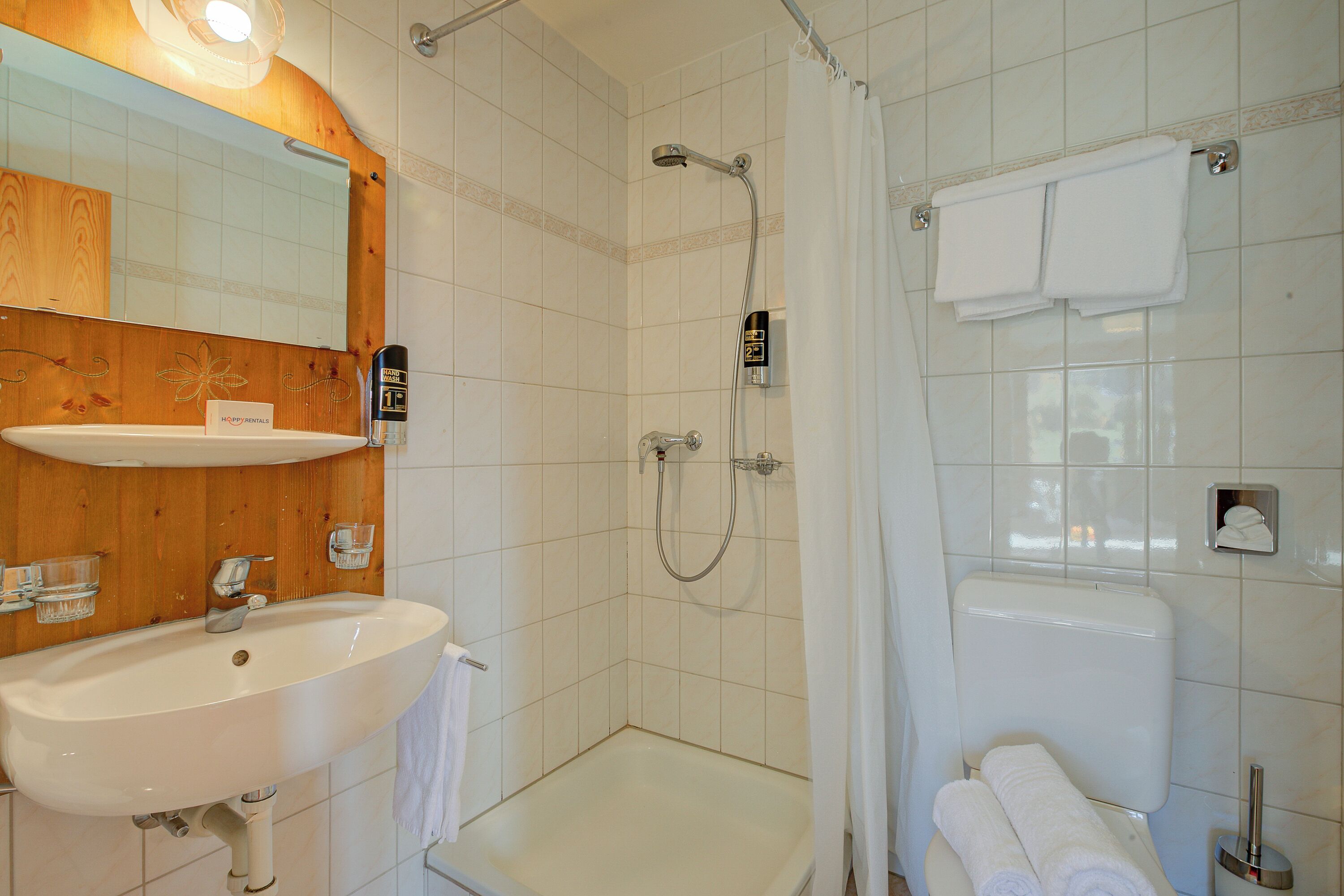 Une salle de bain équipée d’un lavabo, d’un miroir, d’une douche et de toilettes.